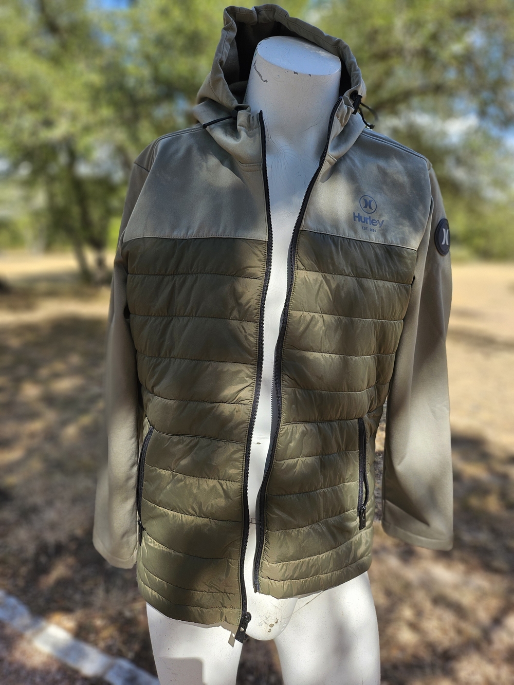 Hurley Men's Two-Tone Olive Nylon Quilted Hooded Puffer Jacket M